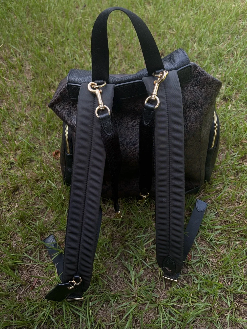 Coach Brown Signature Canvas Backpack with Black Leather Trim baby bag